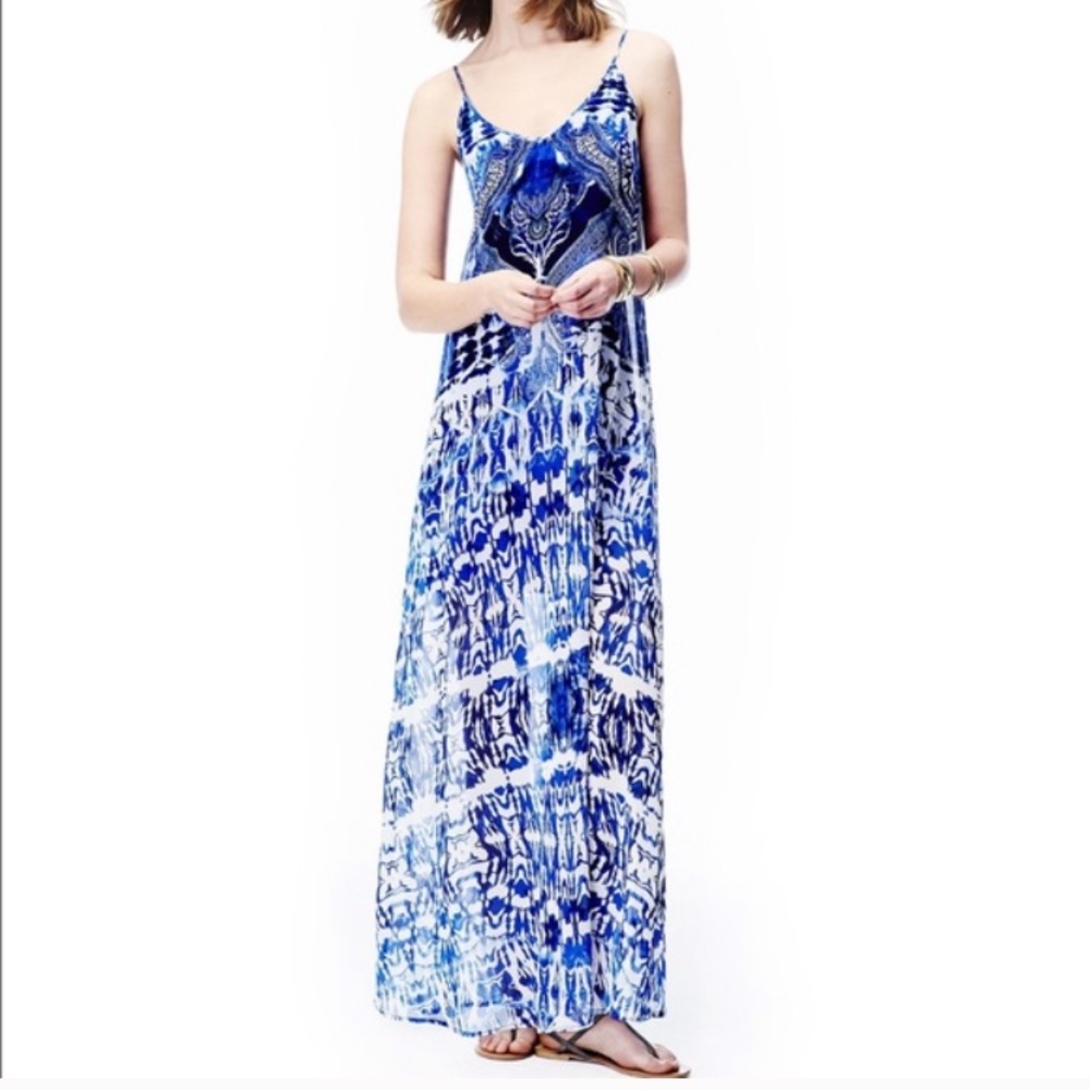 Express Blue White Print Chiffon Maxi Dress